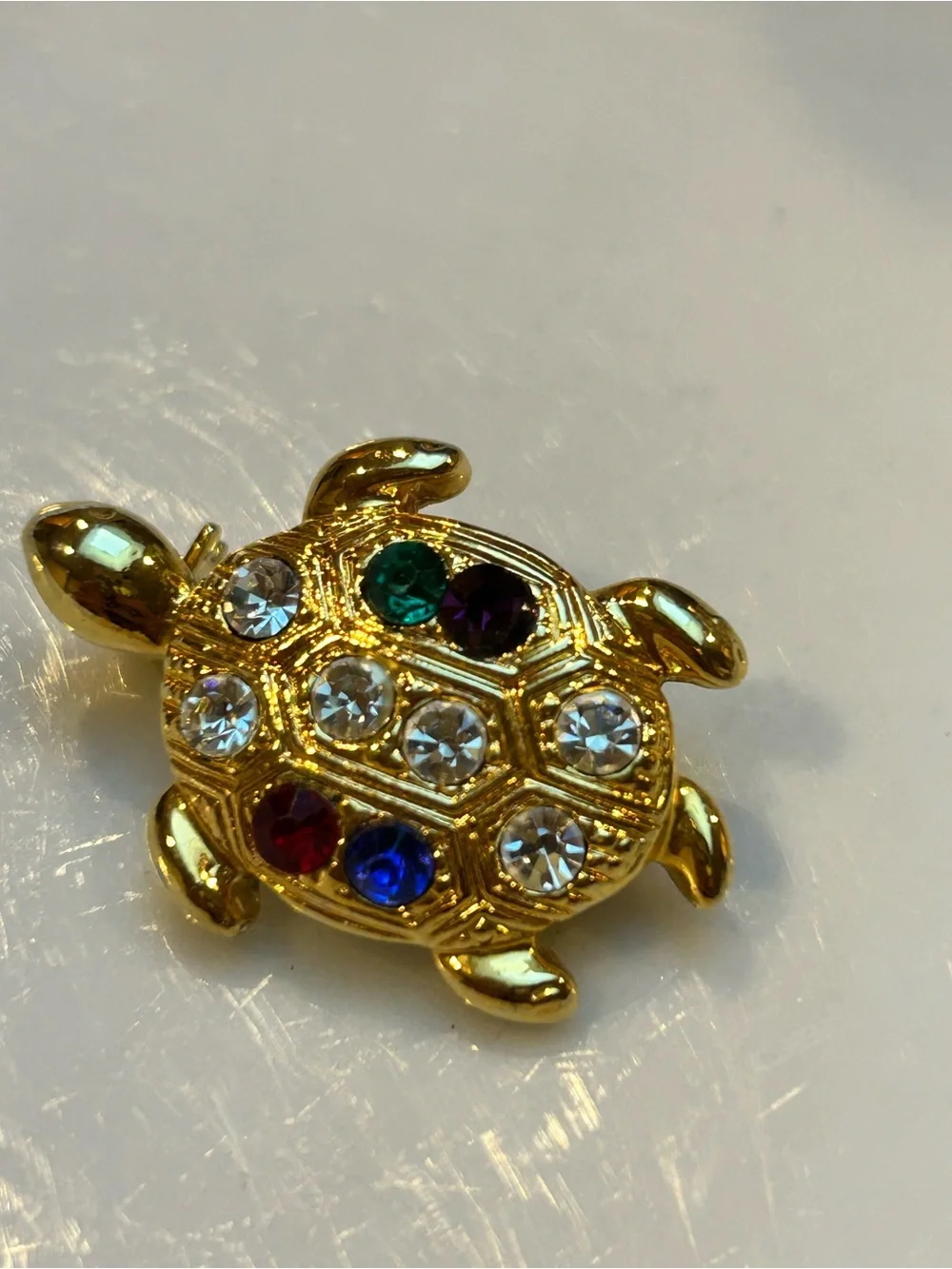 Vintage Gold tone Turtle Brooch with Multicolored Rhinestones